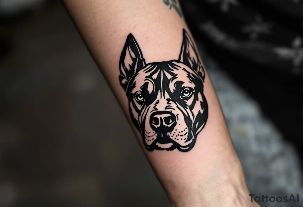 Blackwork pitbull head, solid black ink with negative space for fur and facial features, bold and dramatic. tattoo idea