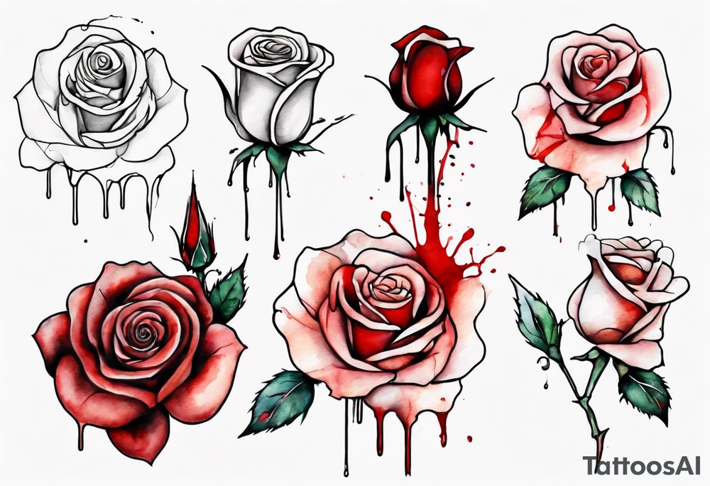 rose flower, one line, blood dripping from the flower, tall, watercolor tattoo idea