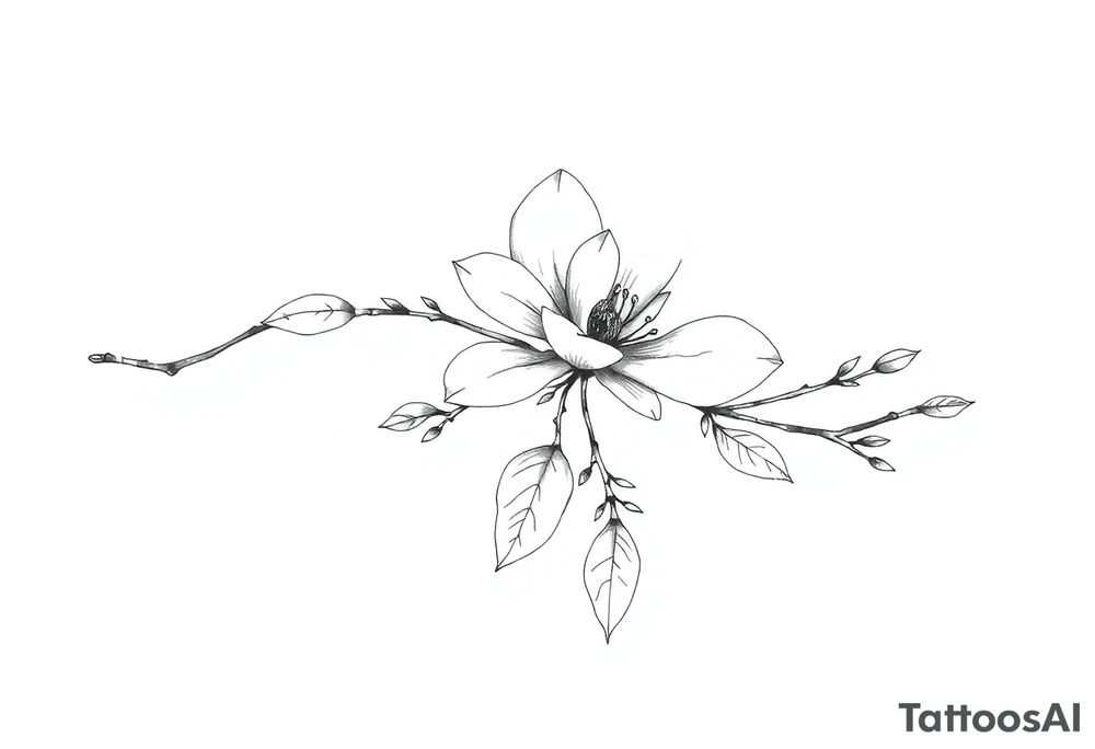 Long magnolia branch with botanical details tattoo idea