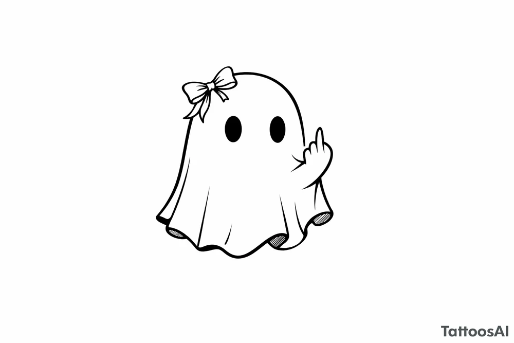 Small ghost silhouette, defiant middle finger, tiny bow detail. tattoo idea