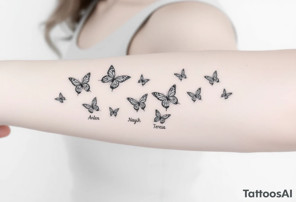 Six different butterflies streaming down arm with six kids names Aden, Aninna, Novaih, Rayla, Jayla, Teresa tattoo idea