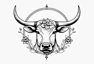 A simple Saggitarius zodiac symbol (the archer) is intertwined with a simple Taurus zodiac symbol (the bull) with delicate flowers tattoo idea