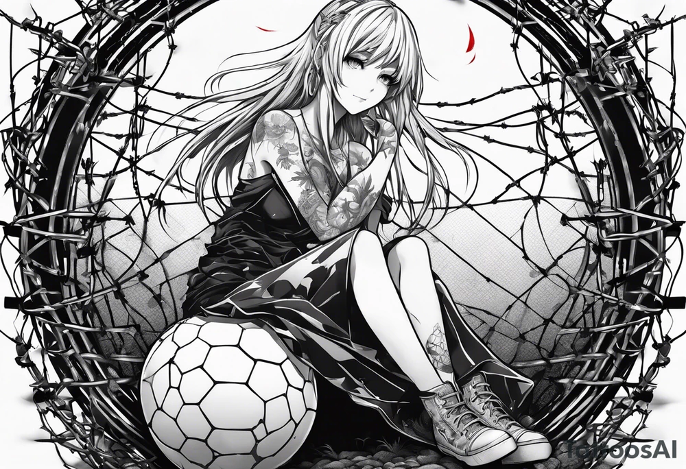 a bleeding anime girl, sitting on a ball, surrounded by barbed wire tattoo idea