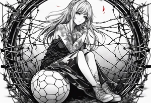a bleeding anime girl, sitting on a ball, surrounded by barbed wire tattoo idea