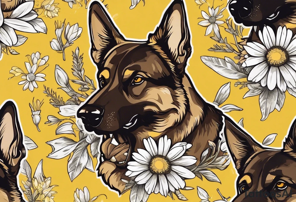 Dark Brown German shepherd portrait surrounded by yellow daisies tattoo idea