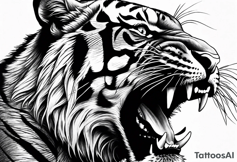 Photo Realism, highly detailed, Fierce tiger roaring tattoo idea