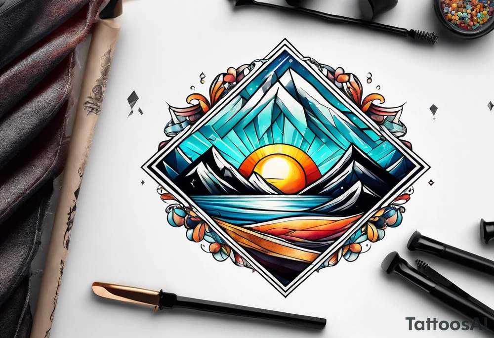 Mountains and ocean waves  crashing diamond shape tattoo idea