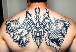 powerful majestic giant with a alien eyes and teeth like a sabertooth , surrounded by vicious animals but not from earth tattoo idea