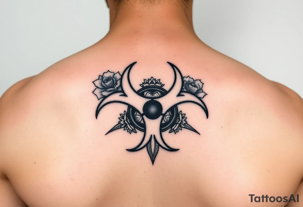 floral biohazard symbol in old school style black ink tattoo idea