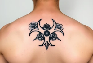 floral biohazard symbol in old school style black ink tattoo idea