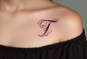 A bold calligraphy "T" in deep plum ink with gold accents curling around its edges. tattoo idea