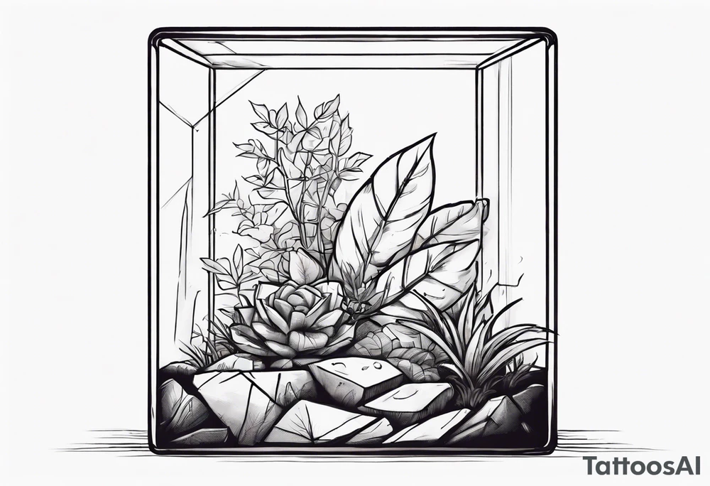 A terrarium in the shape of a cuboid with a single plant inside it. tattoo idea