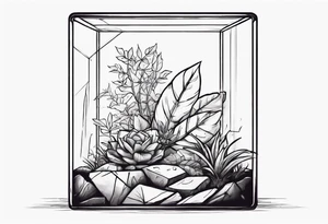 A terrarium in the shape of a cuboid with a single plant inside it. tattoo idea