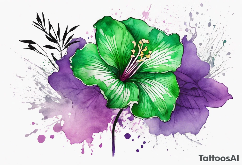 An outline of a green rio dipladenia flower and a green and purple watercolor splash in the background tattoo idea