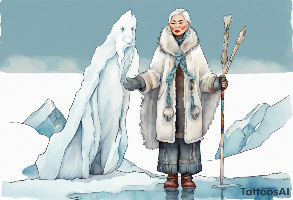 a middle aged Inuit woman with white hair, wearing mittens, mukluks, and a white cloak. Holding a white staff. Standing on an iceberg alone tattoo idea