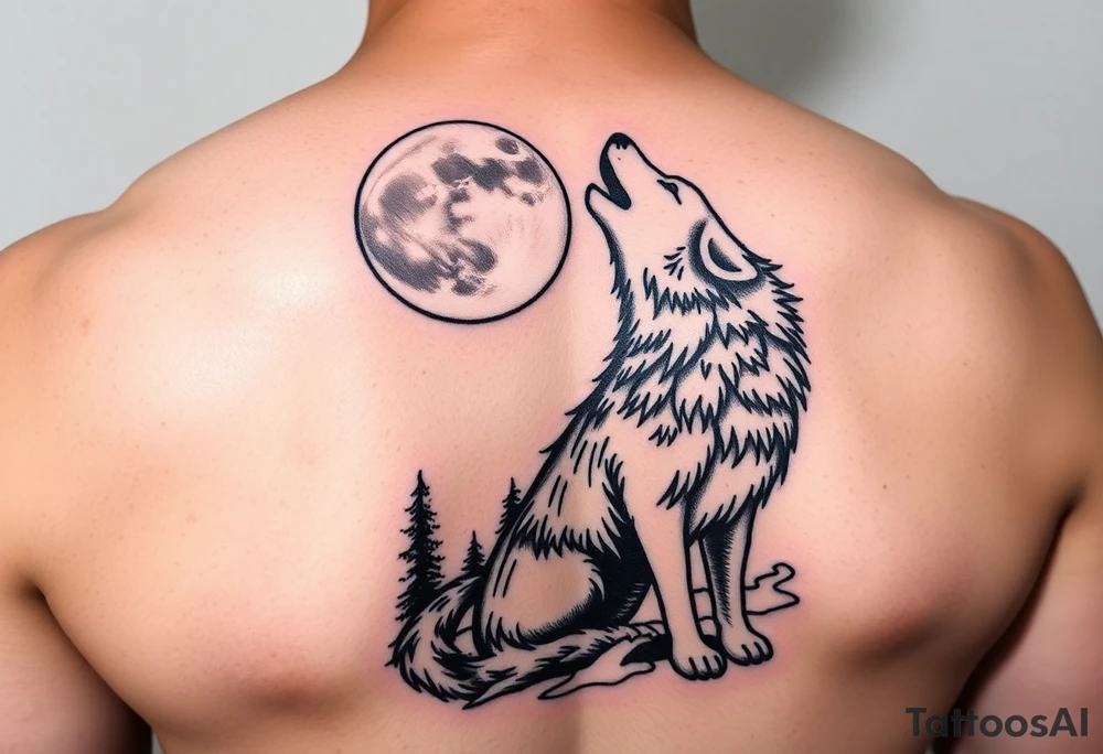 lone wolf howling at full moon with northern lights backdrop tattoo idea