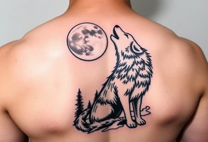 lone wolf howling at full moon with northern lights backdrop tattoo idea