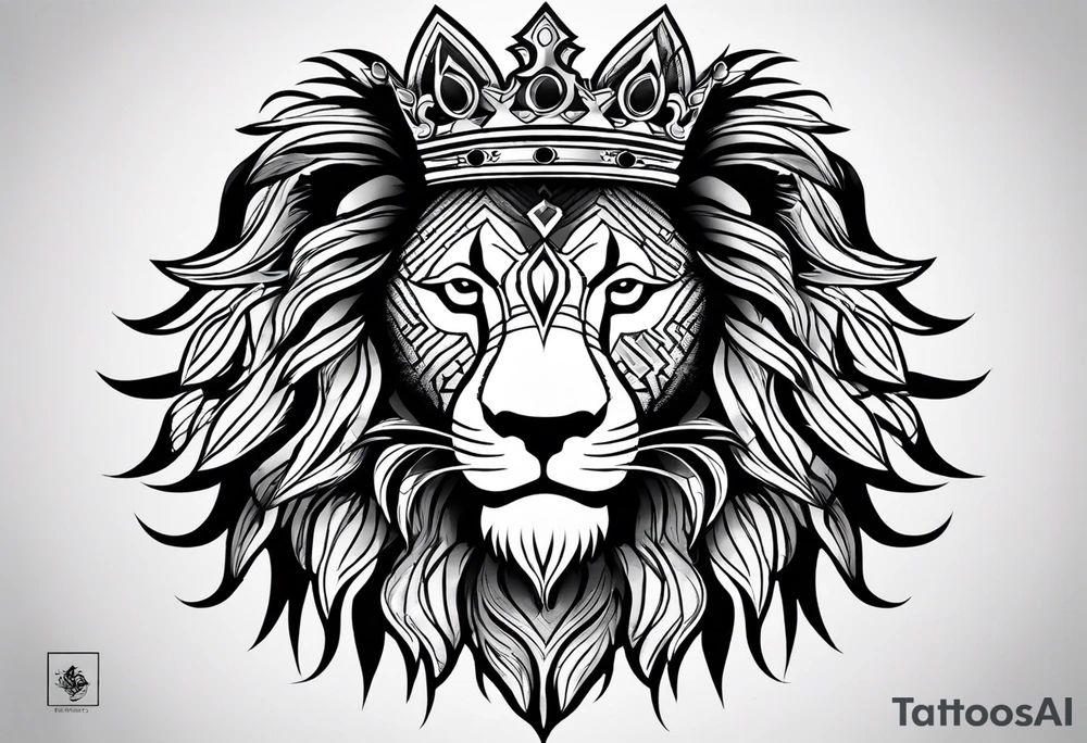 lion's face with a crown, two horizontal black stripes flanking the lion on either side, The overall style is bold and tribal-inspired, with clear, defined lines. tattoo idea