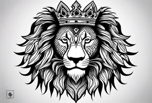 lion's face with a crown, two horizontal black stripes flanking the lion on either side, The overall style is bold and tribal-inspired, with clear, defined lines. tattoo idea