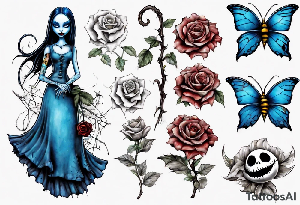 Nightmare before Christmas Sally. With a blue butterfly holding a flower tattoo idea