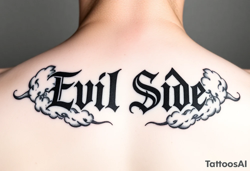 powerful bold saying Evil Side black and white with shading and clouds around it tattoo idea
