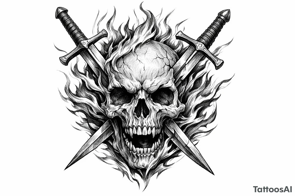 A dynamic composition of a skull with fiery tendrils, and two swords piercing through it. tattoo idea