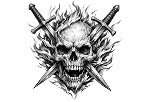 A dynamic composition of a skull with fiery tendrils, and two swords piercing through it. tattoo idea