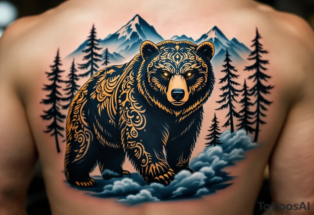 A powerful, majestic bear tattoo with a deep black and brown color palette. The bear is depicted in a standing position, symbolizing strength and protection, with intricate tribal patterns subtly etched along its body, representing its spiritual connection to the earth. The bear’s eyes glow soft golden to represent wisdom and insight. Around the bear, mountain peaks and pine trees form a natural, serene backdrop, while delicate blue mist rises from the ground, tattoo idea
