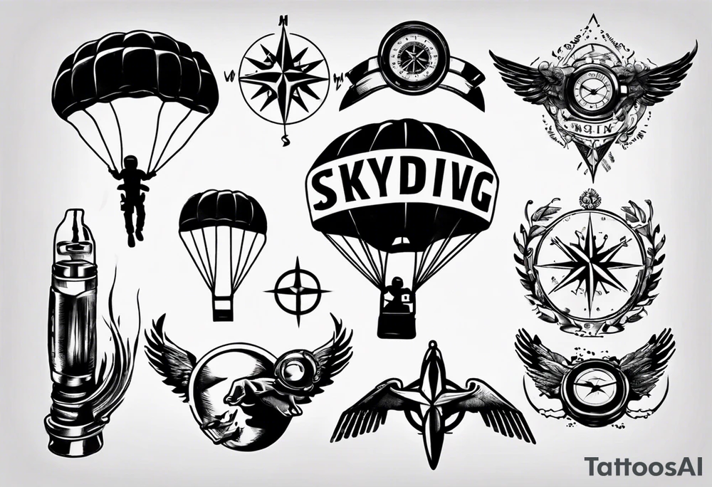 skydiving, shooting guns, compass, adventure tattoo idea