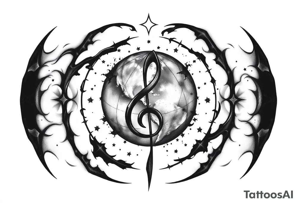 system of the universe with earth and a clef for my love to music, I am zodiac auqarius and my child is the best tattoo idea