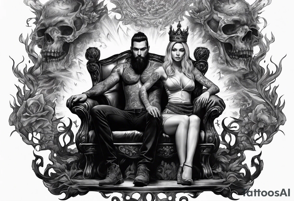 A man wearing a black crown and a women on a throne in Hell sitting on skulls with flame above tattoo idea