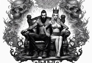 A man wearing a black crown and a women on a throne in Hell sitting on skulls with flame above tattoo idea