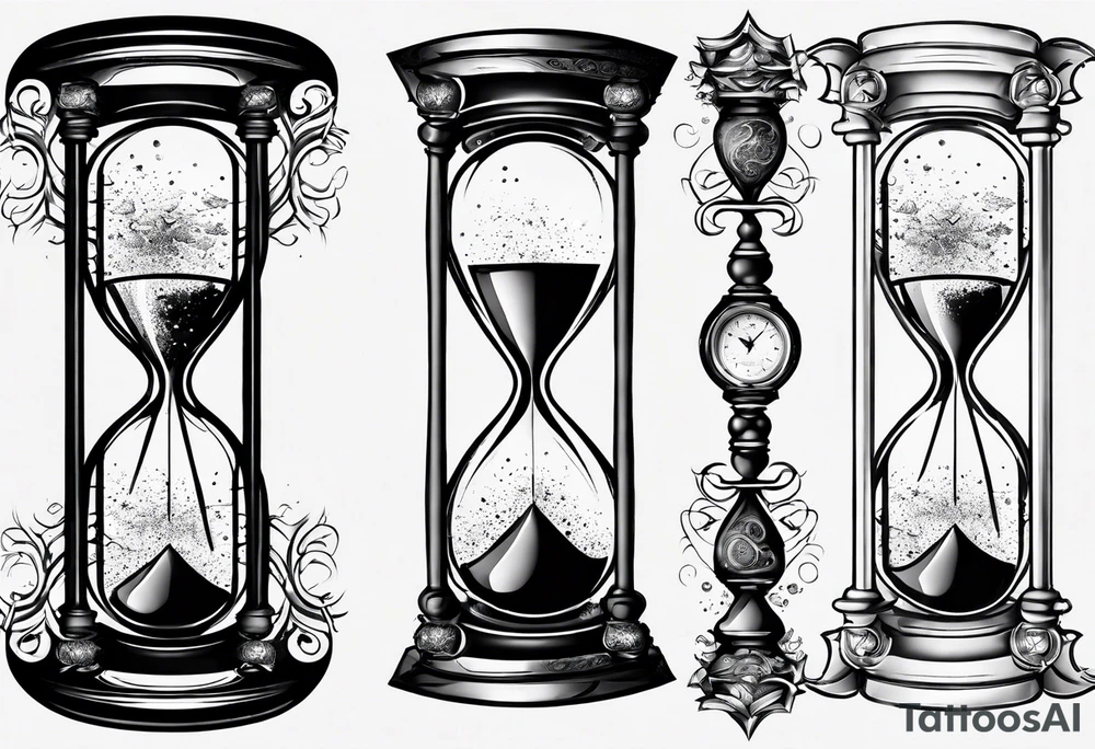 Hourglass, cosmic dust exploding from the top and bottom of the hourglass. Long tattoo to fit on the forearm, masculine tattoo idea