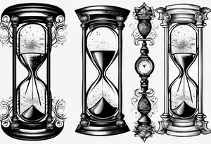 Hourglass, cosmic dust exploding from the top and bottom of the hourglass. Long tattoo to fit on the forearm, masculine tattoo idea
