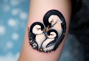 A penguin mother in black and white cuddling her chick in a snowy blue background shows warmth and constant presence. tattoo idea
