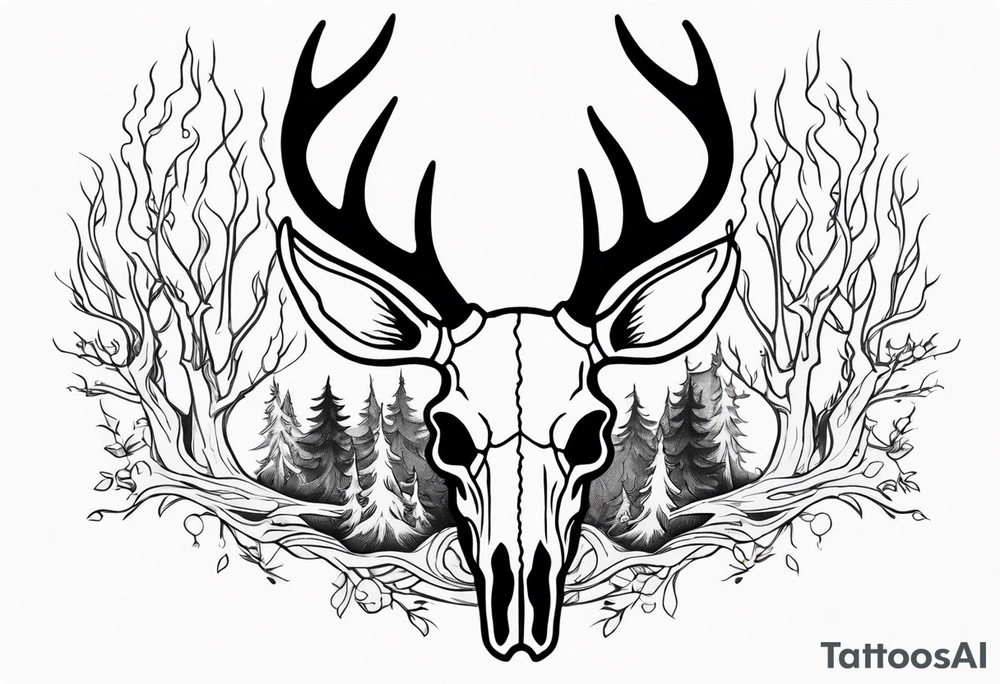 side profile of a deer skull JUST BONE surrounded by a flames and trees tattoo idea