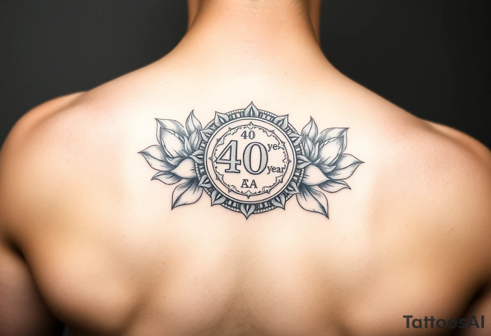 Shoulder tattoo that has a 40 year AA coin medallion with lotus flowers surrounding it tattoo idea
