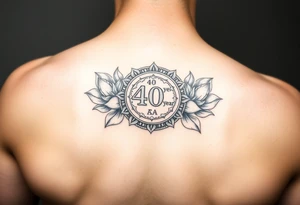 Shoulder tattoo that has a 40 year AA coin medallion with lotus flowers surrounding it tattoo idea