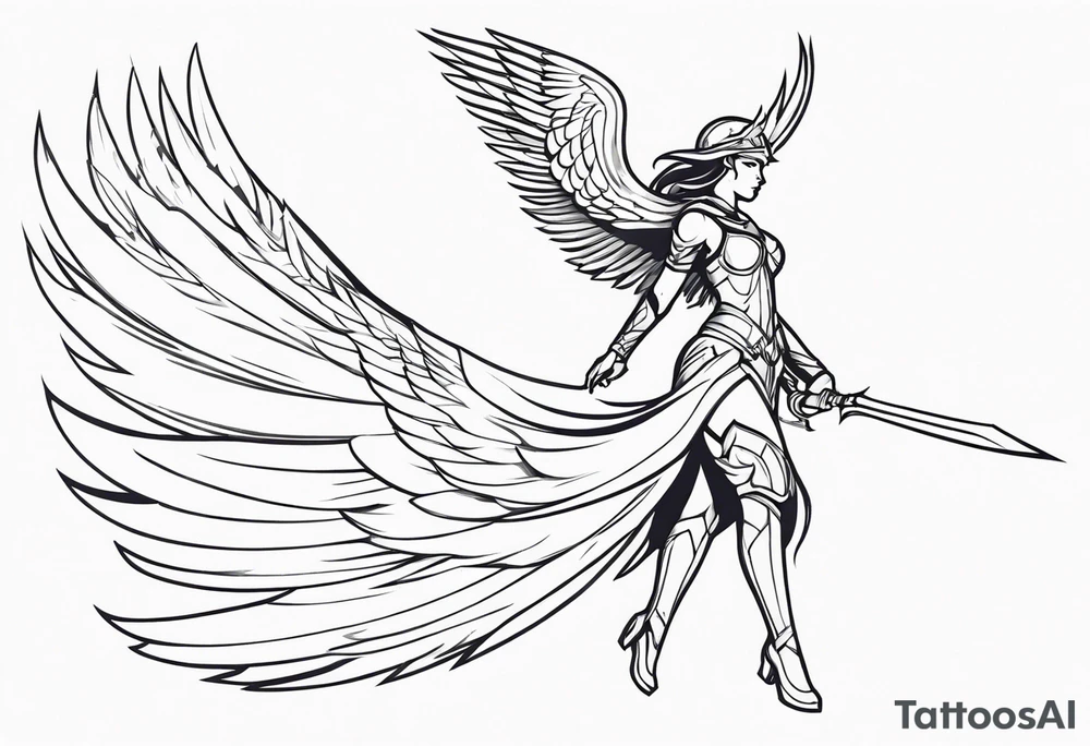 The full body of a Valkyrie with wings flying tattoo idea