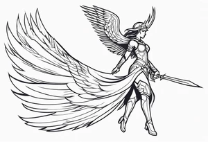 The full body of a Valkyrie with wings flying tattoo idea