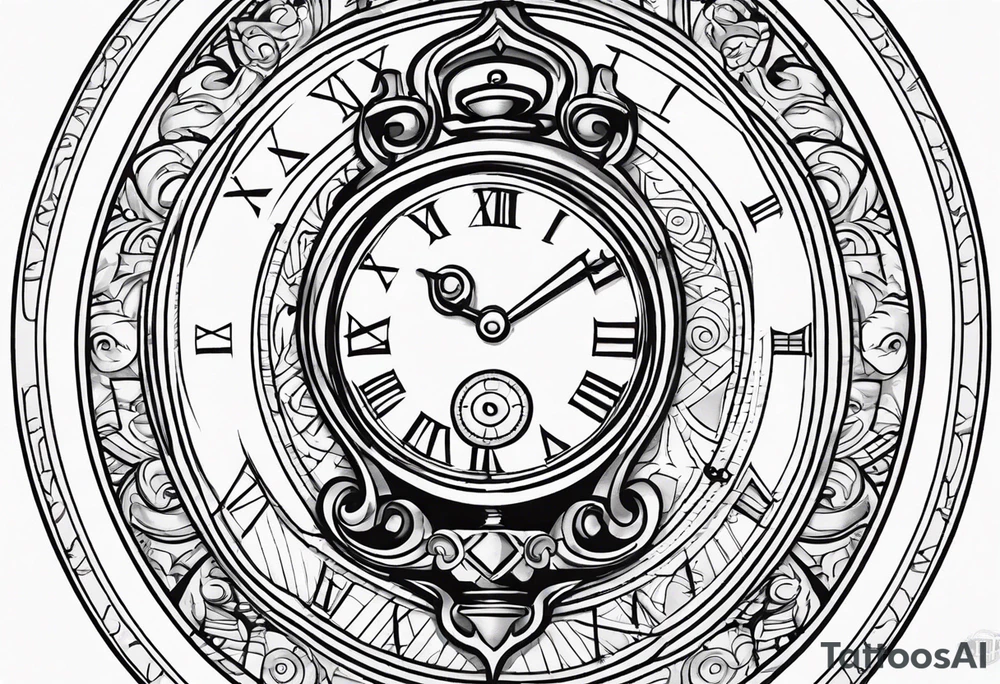 Draw me a tattoo located on the shoulder and upper arm of a man. The tattoo represents a clock in an hourglass with Roman numerals in the background. It is a symbol of the passing of time. tattoo idea
