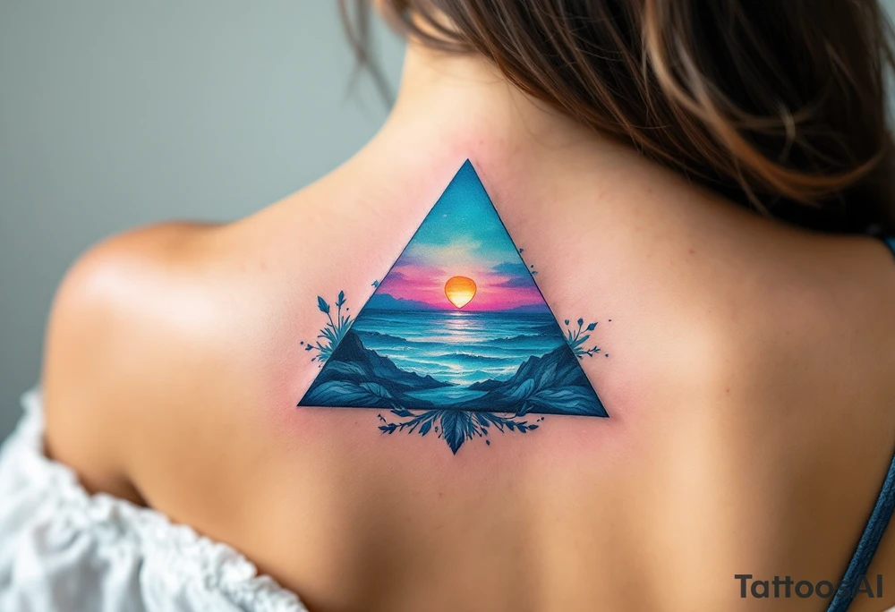 A triangle with a big heart in the center with an ocean travel theme tattoo idea