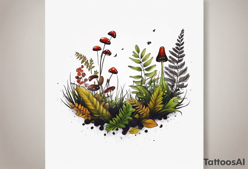 minimalistic forest floor inspired tattoo, which includes grass, curly ferns and dead leaves as the bulk of the tattoo. details to include: forest berries, couple of very small brown mushrooms, a tiny bumblebee flying nearby tattoo idea