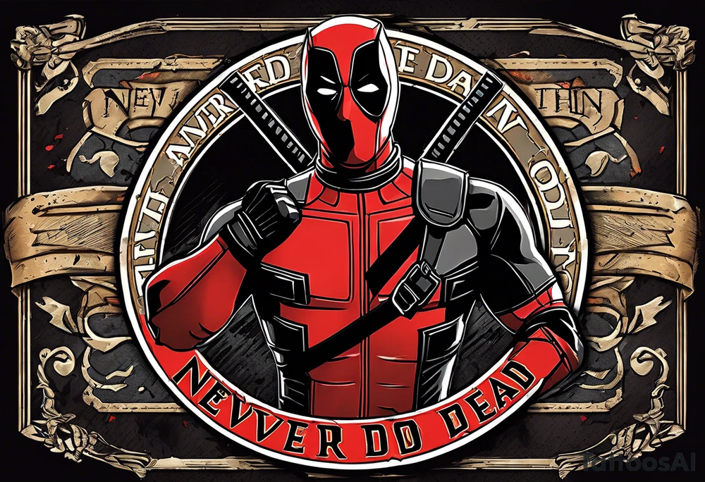 Banner with Text: A worn, dark banner wraps around Deadpool with the phrase "NEVER DEAD" in bold, cracked letters that give a strong and aggressive impression. The banner has small torn details, as if it’s been through rough conditions, with shading that adds depths. tattoo idea