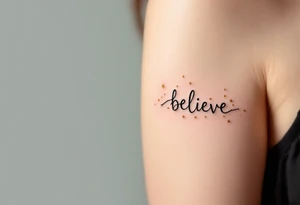 A minimalist "Believe" in black ink, with small stars in gold scattered across, symbolizing faith in one's dreams. tattoo idea