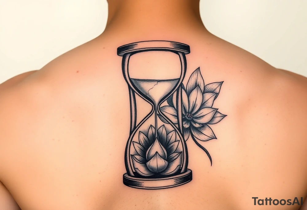 Broken hour glass with a lotus flower and woman with hijab in background tattoo idea