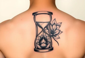 Broken hour glass with a lotus flower and woman with hijab in background tattoo idea