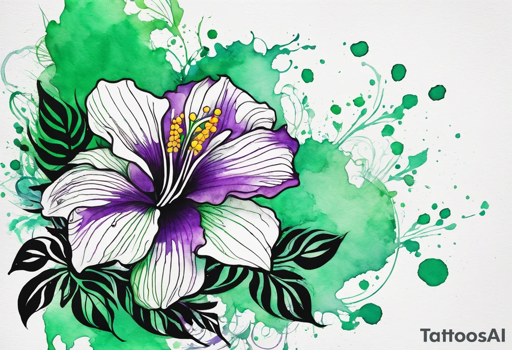 A mystical outline of a rio dipladenia flower and a green and purple watercolor splash in the background tattoo idea