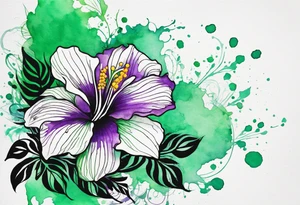 A mystical outline of a rio dipladenia flower and a green and purple watercolor splash in the background tattoo idea