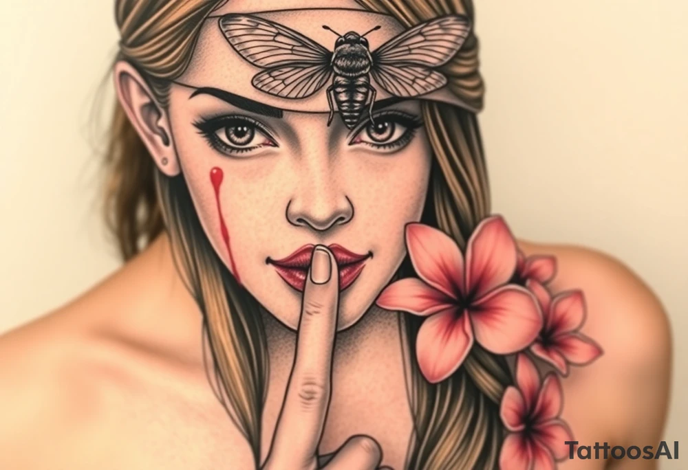 Womens realistic face eyes and nose ears and mouth with long hair but her ears are bleeding her index finger is to her lips like telling you to not talk and her above her head right atop of her head where her forehead would be and her eyes a butter fly is above her and is covering both her eyes and forehead like a hat and blind fold but only covering her eyes and for head you can see her ears bleeding her lips her nose and her putting her fi her to her lips as there is a garden of Beautiful pink plumeria tattoo idea